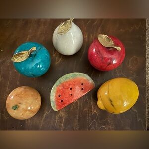 6  Vintage Italian Alabaster Stone & Marble fruits brass apple pear lemon peach